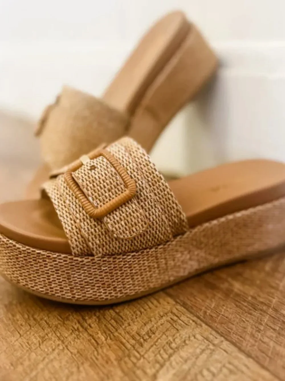 SODA Raffia Slide Platform Tan Sandals